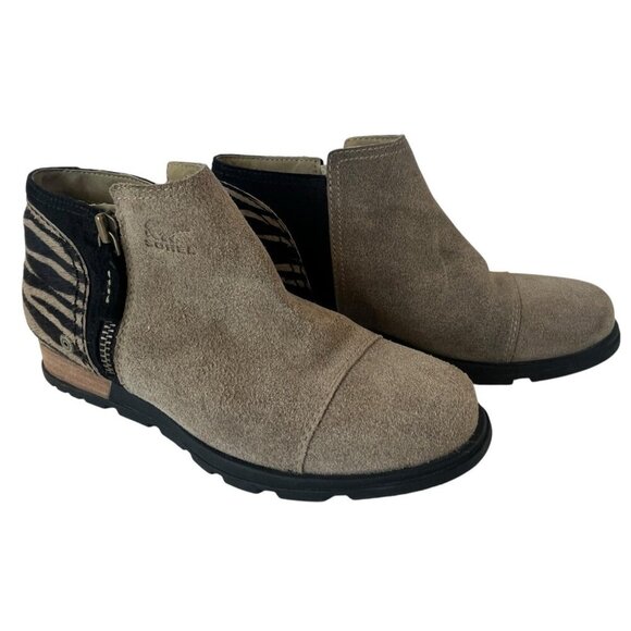 Sorel Joan Major Low Bootie Women 8 Tan Suede Zebra Stripe Pony Hair Taupe Boots - Picture 2 of 16